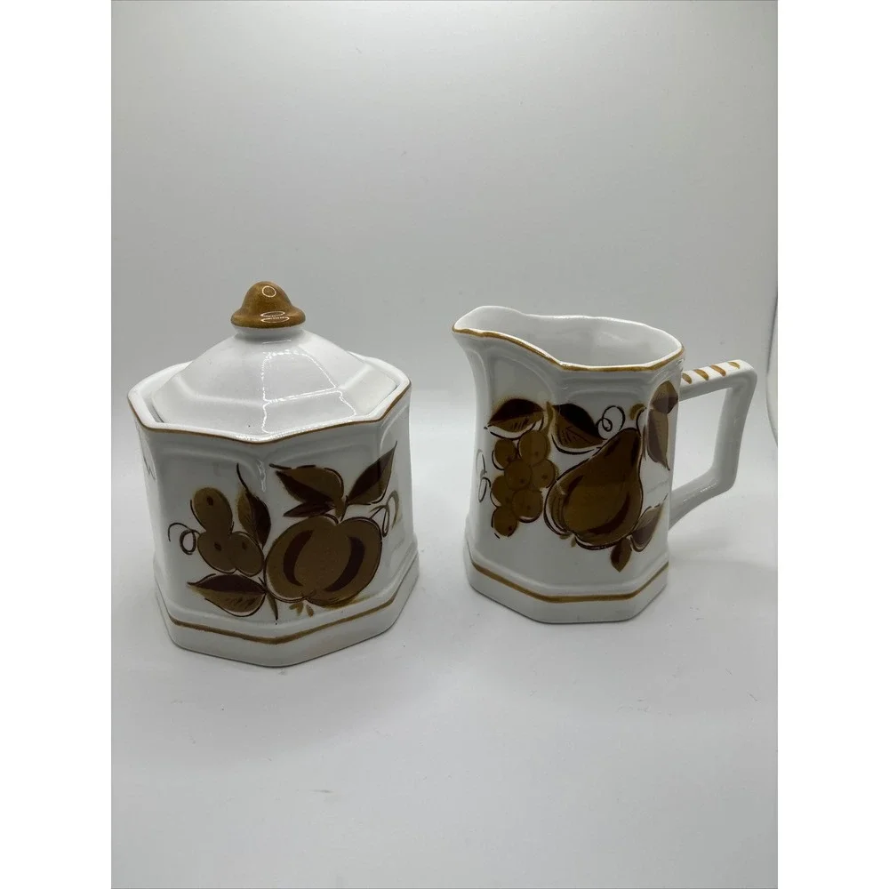 Vintage Creamer and Sugar Bowl Set Fruit‎ Design Kitchen Decor Octagon